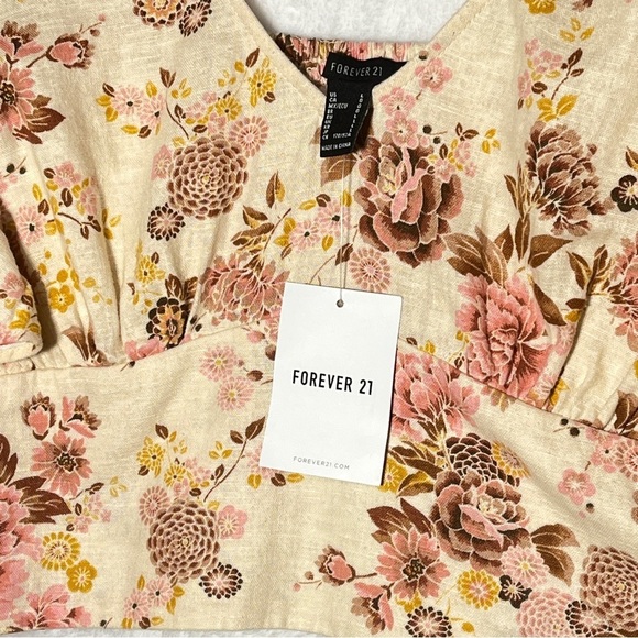 FOREVER 21 Floral Linen Blend Crop Top | Cream Pink | Size L | NWT - Picture 5 of 10